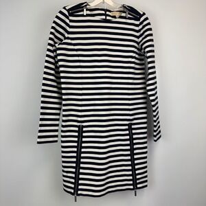 Michael Kors Navy White Striped Long Sleeve Zipper Detail Sheath Dress Small